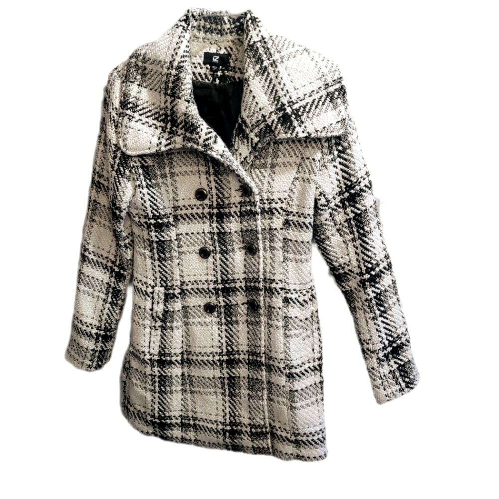 IZ Byer White & black plaid pea coat size S